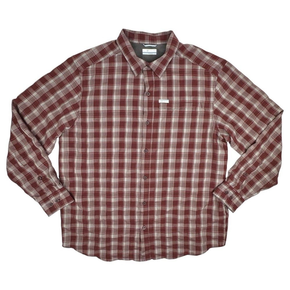 Columbia Men's XL Plaid Shirt Long Sleeve Zip Chest Pocket Maroon Tan Poly Blend